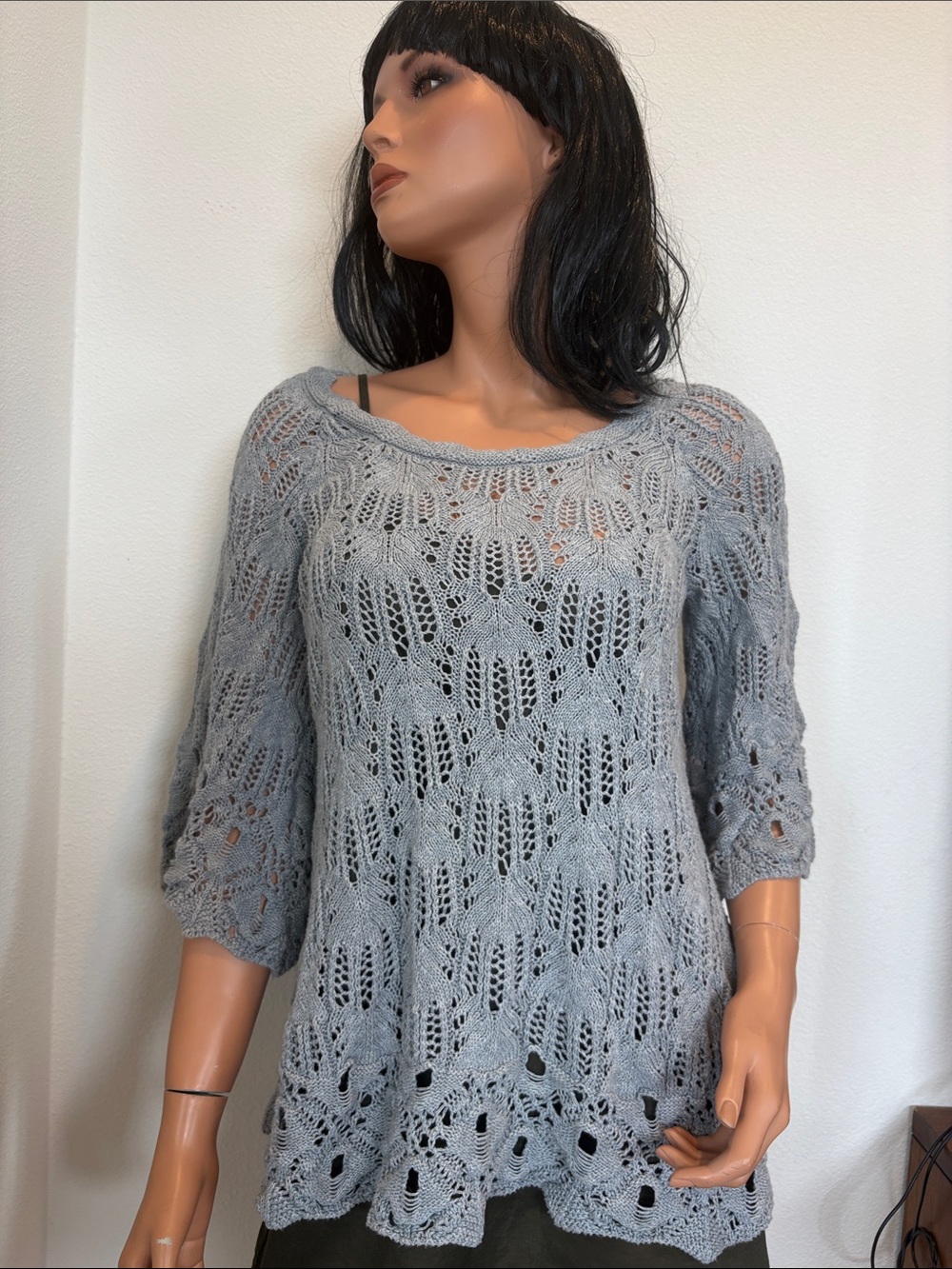 & Other Stories Light Gray Openwork Knit Scoop Neck Sweater